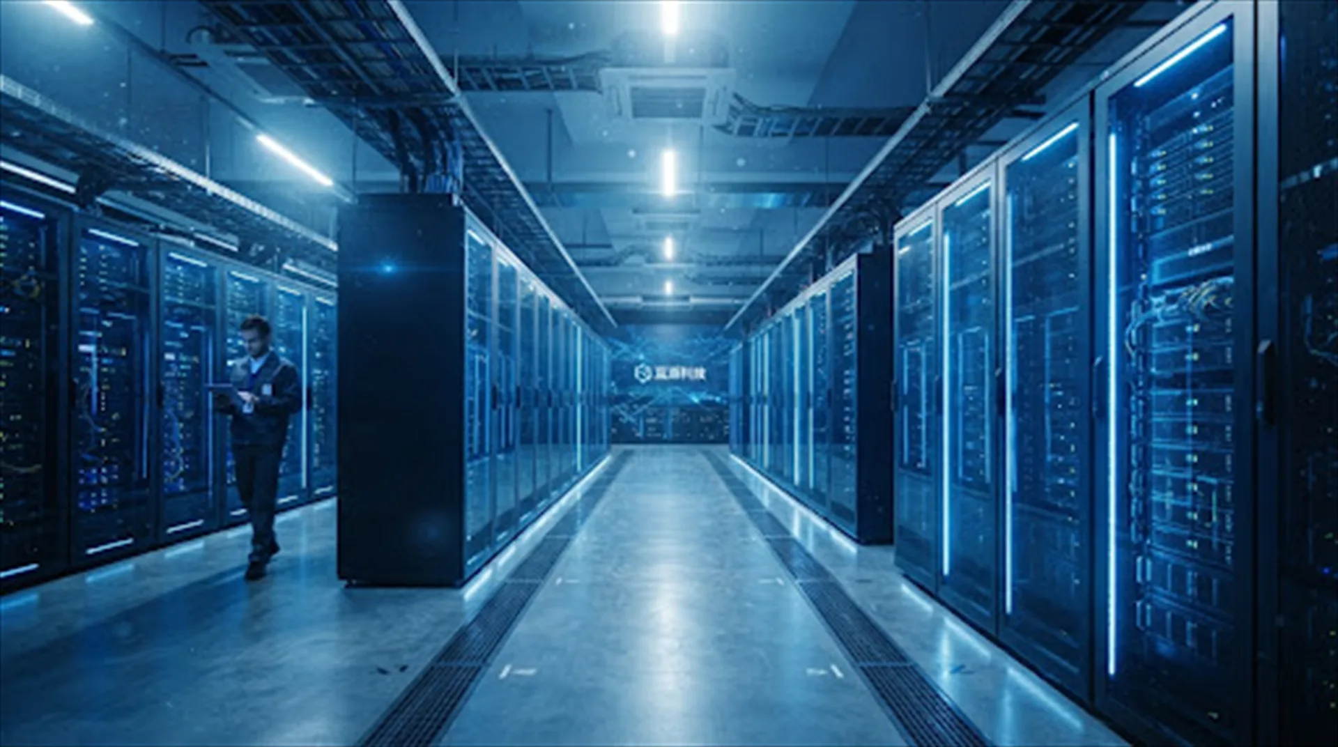 Illustration of a datacenter aisle with server racks
